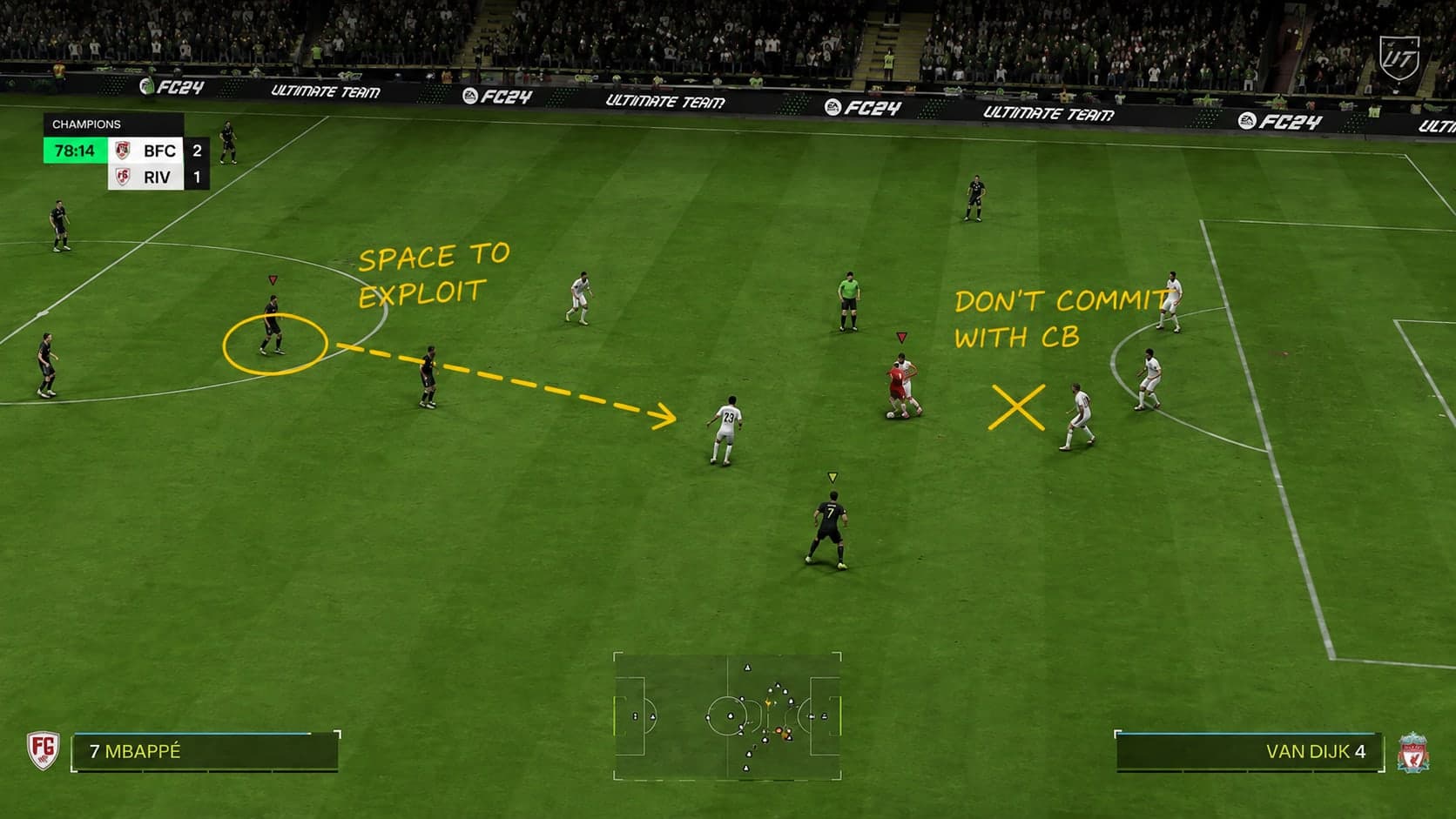 A frozen frame of EA SPORTS FC gameplay with the coach's annotations drawn over it.
